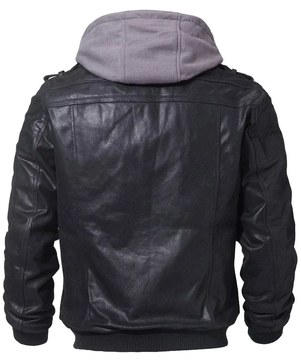 Mens Slim Fit Hooded Biker Leather Jacket - Image 2