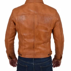 Mens Soft Leather Trucker Jacket Tan American Western Denim Levi Style Coat NEW