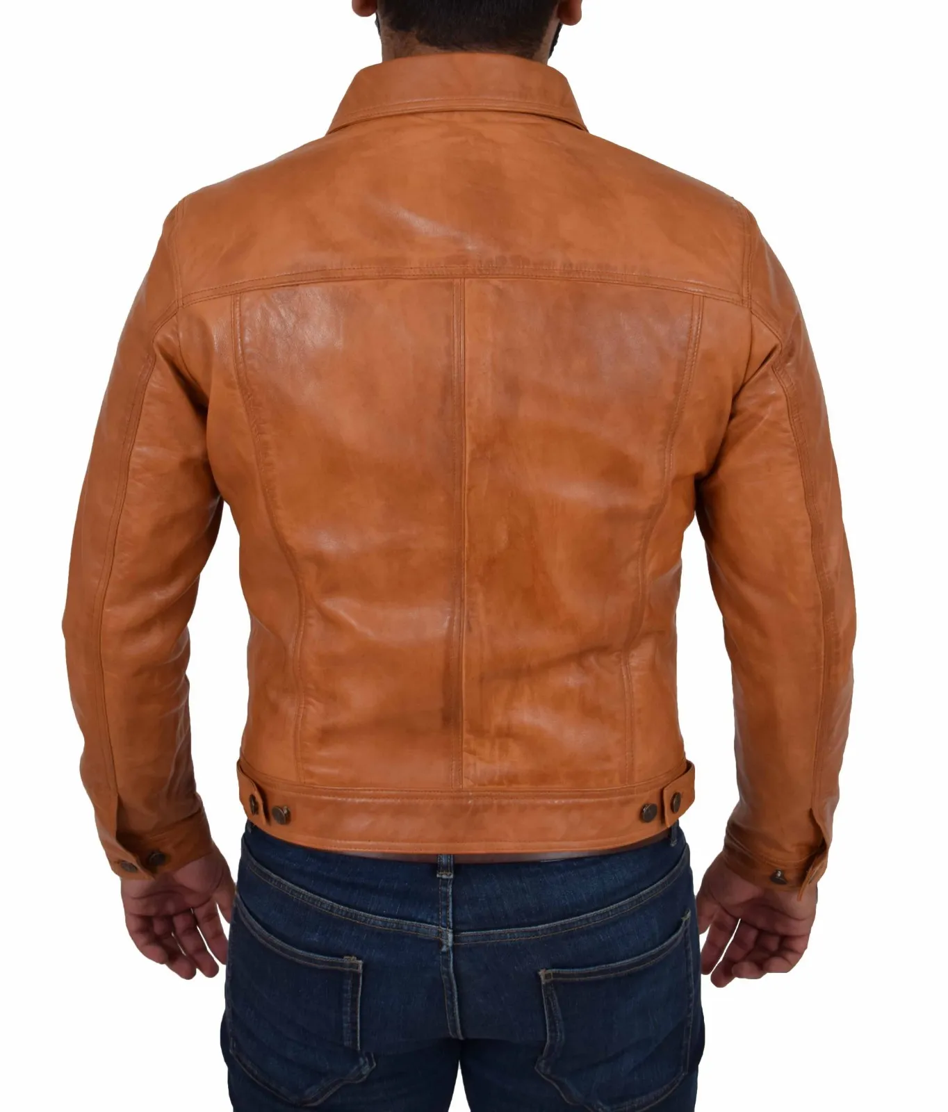 Mens Soft Cowhide Trucker Jacket Tan American Western Denim Levi Style Coat NEW - Image 2