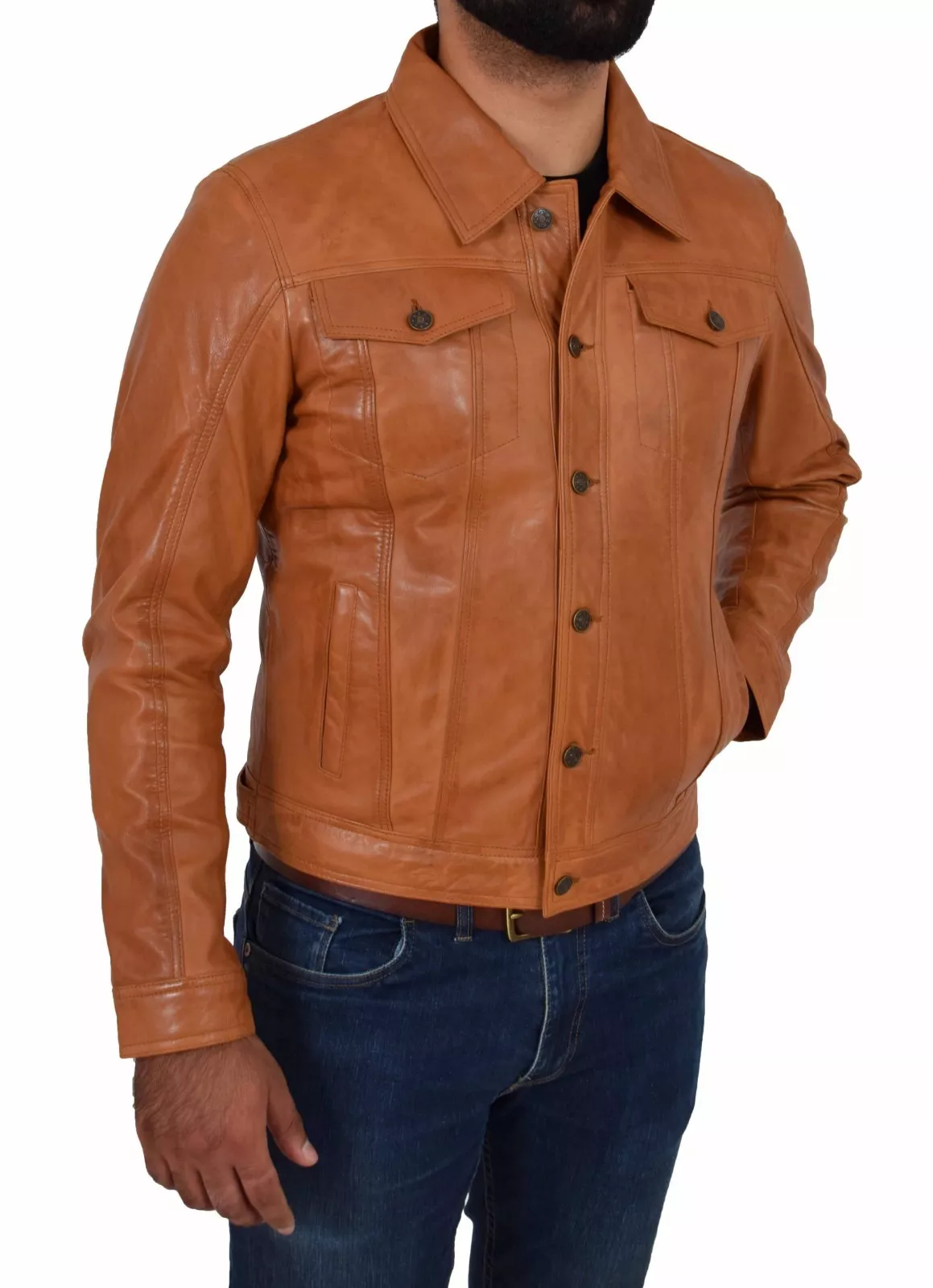 Mens Soft Cowhide Trucker Jacket Tan American Western Denim Levi Style Coat NEW - Image 3