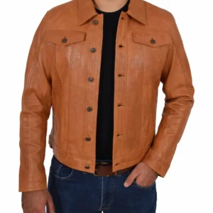 Mens Soft Leather Trucker Jacket Tan American Western Denim Levi Style Coat NEW