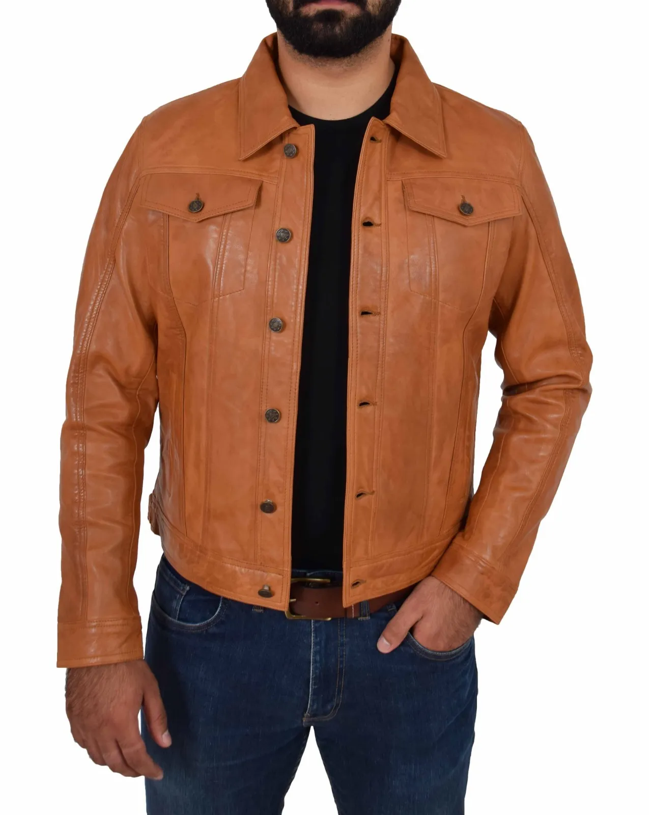 Mens Soft Cowhide Trucker Jacket Tan American Western Denim Levi Style Coat NEW
