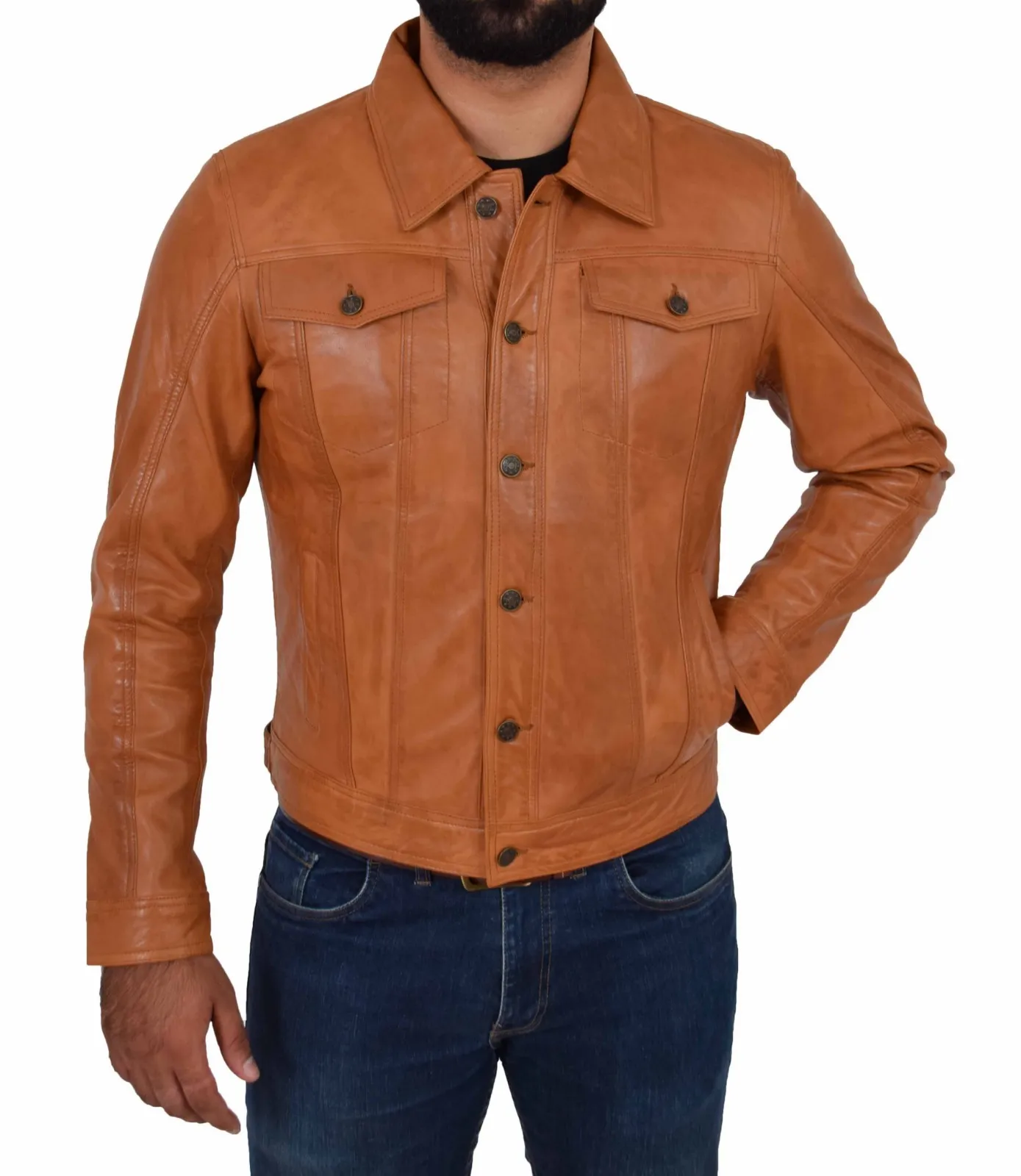 Mens Soft Cowhide Trucker Jacket Tan American Western Denim Levi Style Coat NEW - Image 4
