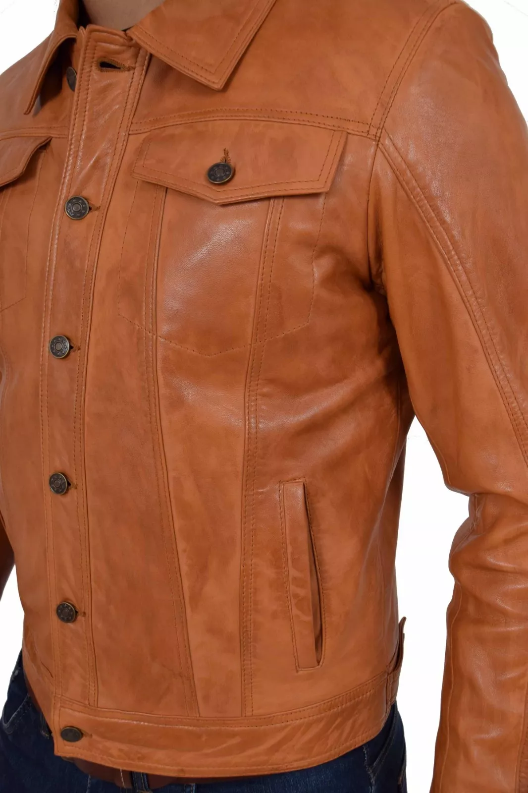 Mens Soft Cowhide Trucker Jacket Tan American Western Denim Levi Style Coat NEW - Image 5