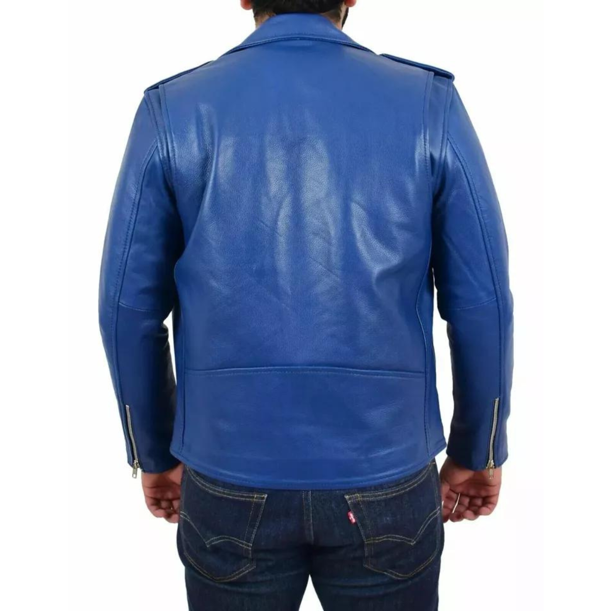 Men's Stylish real Leather Jacket Motorcycle Biker Slim Fit Blue Belted Coat - Image 5