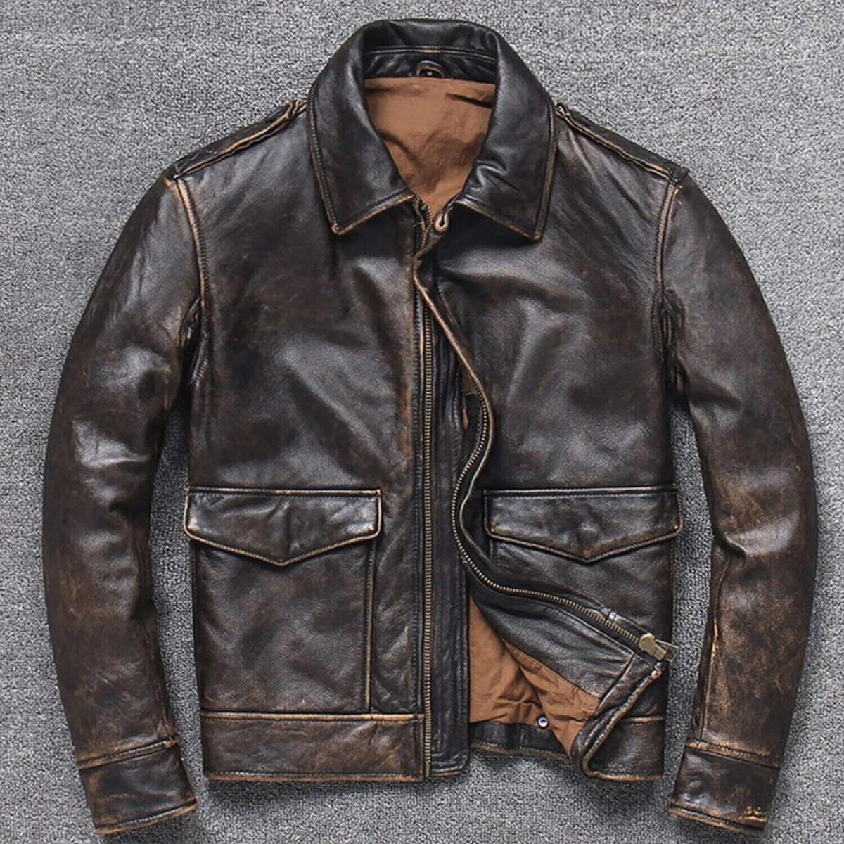 Vintage A2 Bomber AIR Force Style Distressed Brown Real Leather Jacket for Mens
