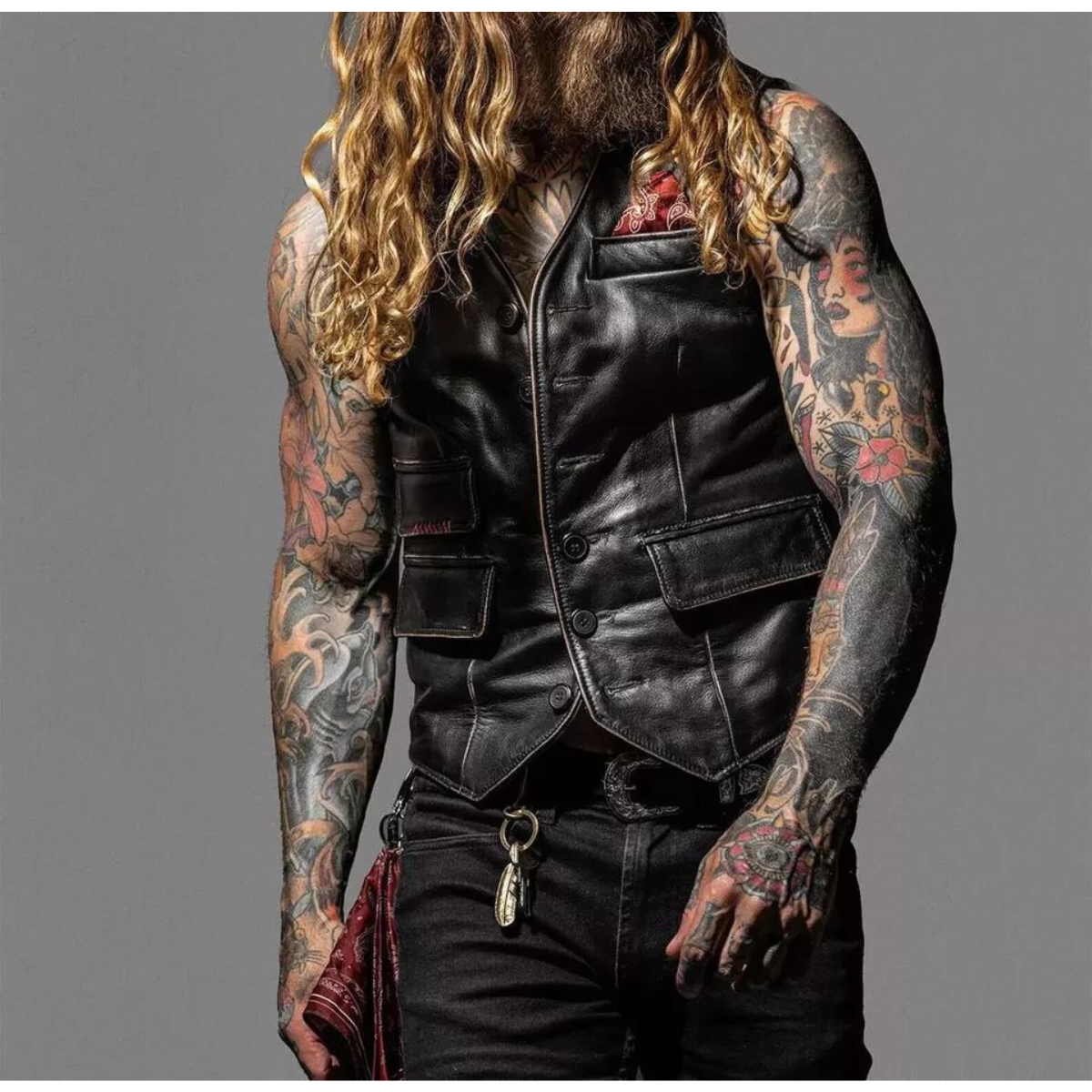 Men's Vintage Black Motorcycle Distressed Black Biker Genuine Leather Vest - Image 2