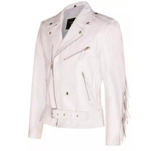 Mens White FRINGE Leather Biker Jacket Brando TASSELED Motorcycle Retro Cow Hide