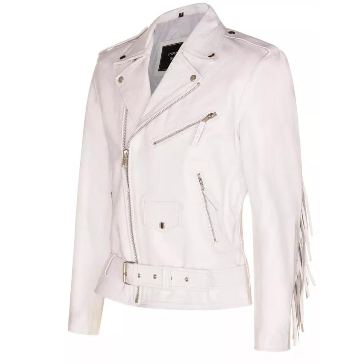 Mens White FRINGE Leather Biker Jacket Brando TASSELED Motorcycle Retro Cow Hide - Image 2