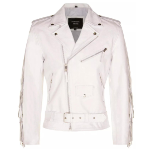 Mens White FRINGE Leather Biker Jacket Brando TASSELED Motorcycle Retro Cow Hide
