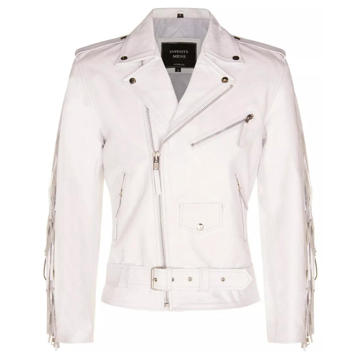 Mens White FRINGE Leather Biker Jacket Brando TASSELED Motorcycle Retro Cow Hide