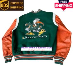 Miami Hurricanes 90’s Letterman Varsity Wool Orange Leather Women Bomber Jacket