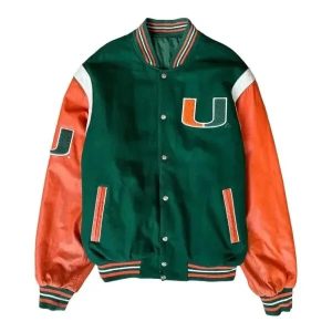 Miami Hurricanes 90’s Letterman Varsity Wool Orange Leather Women Bomber Jacket