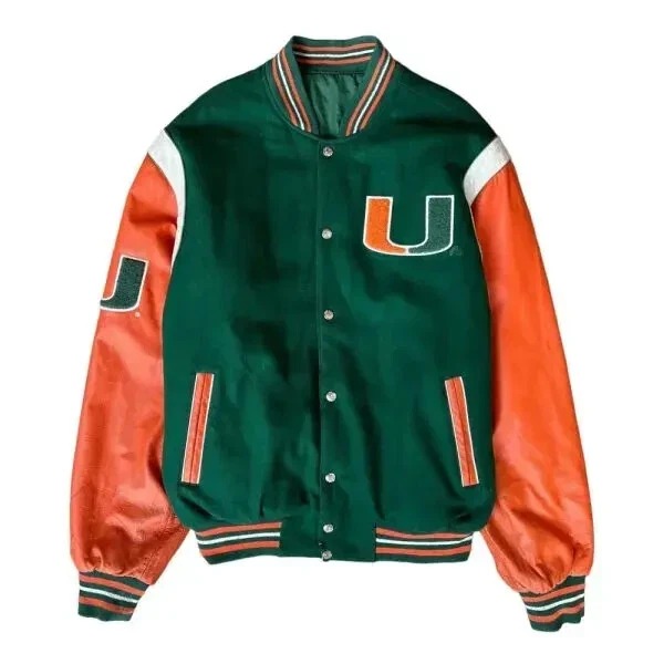 Miami Hurricanes 90’s Letterman Varsity Wool Orange Leather Women Bomber Jacket