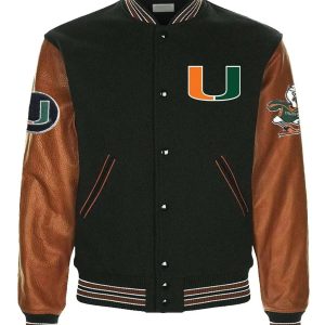 Miami Hurricanes Black Wool Genuine Leather Sleeves Varsity Men Letterman Jacket