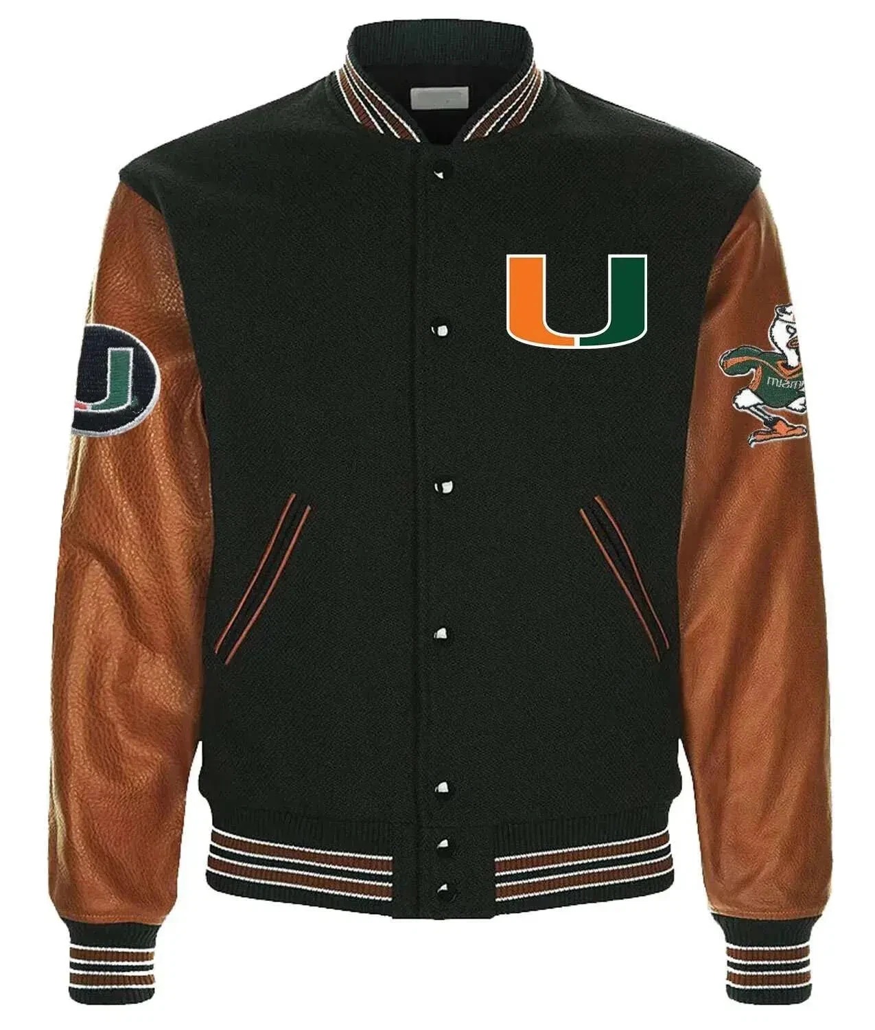 Miami Hurricanes Black Wool Genuine Leather Sleeves Varsity Men Letterman Jacket