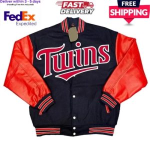 Minnesota Twins Navy Blue Wool Red Leather Varsity Men's Letterman Bomber Jacket