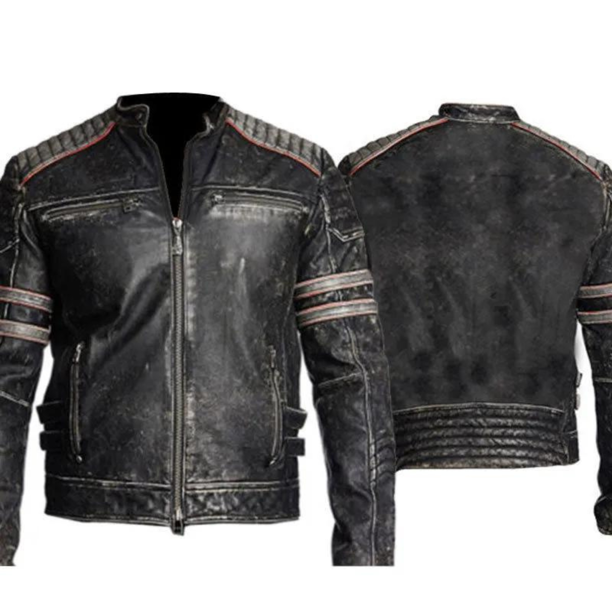 Motorbike MC Vintage Retro leather Distressed Black Jacket - Men Biker Jacket - Image 2