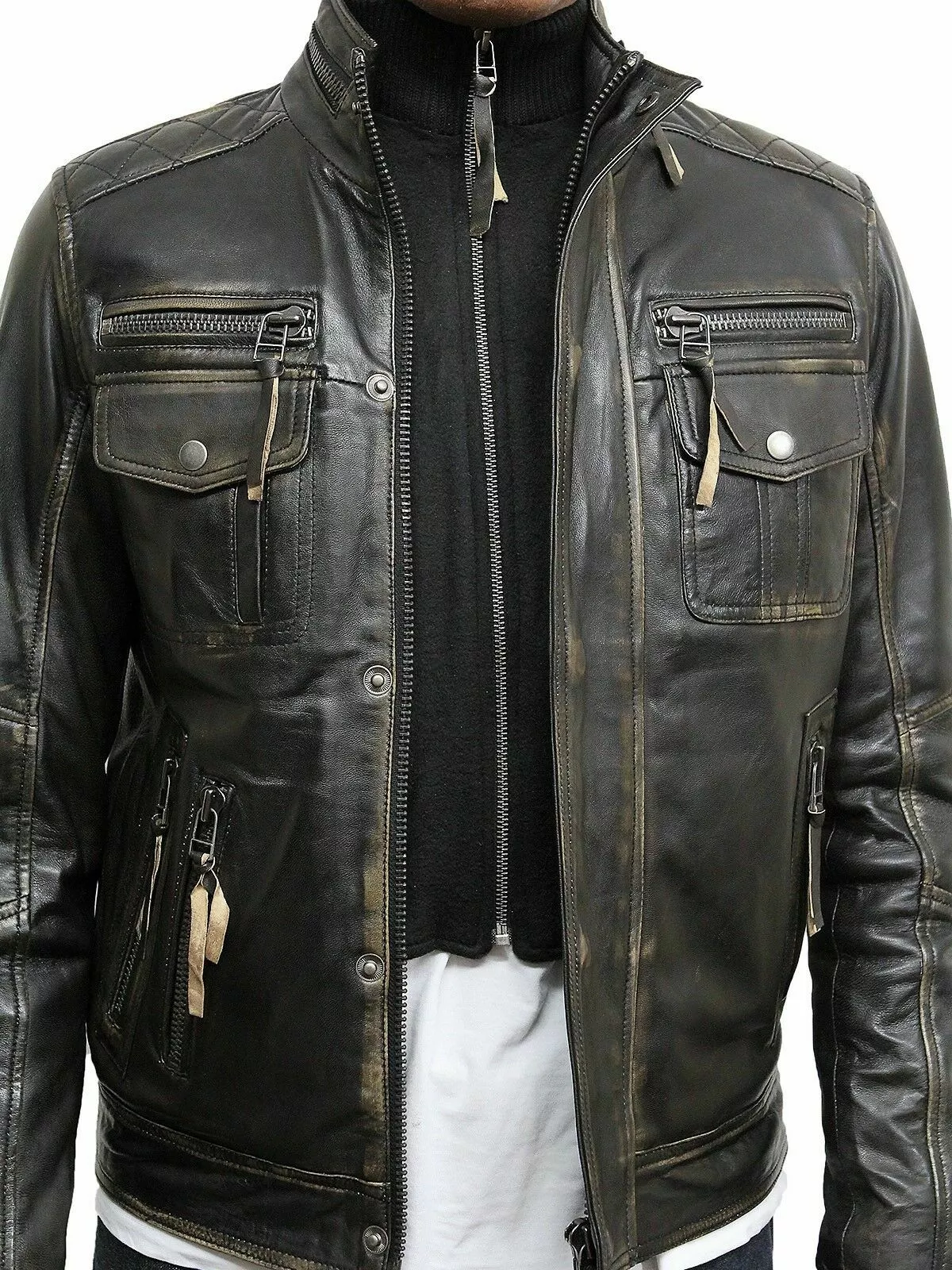 Motorcycle Jacket Real Sheepskin Leather Jackets for Men Distressed Retro