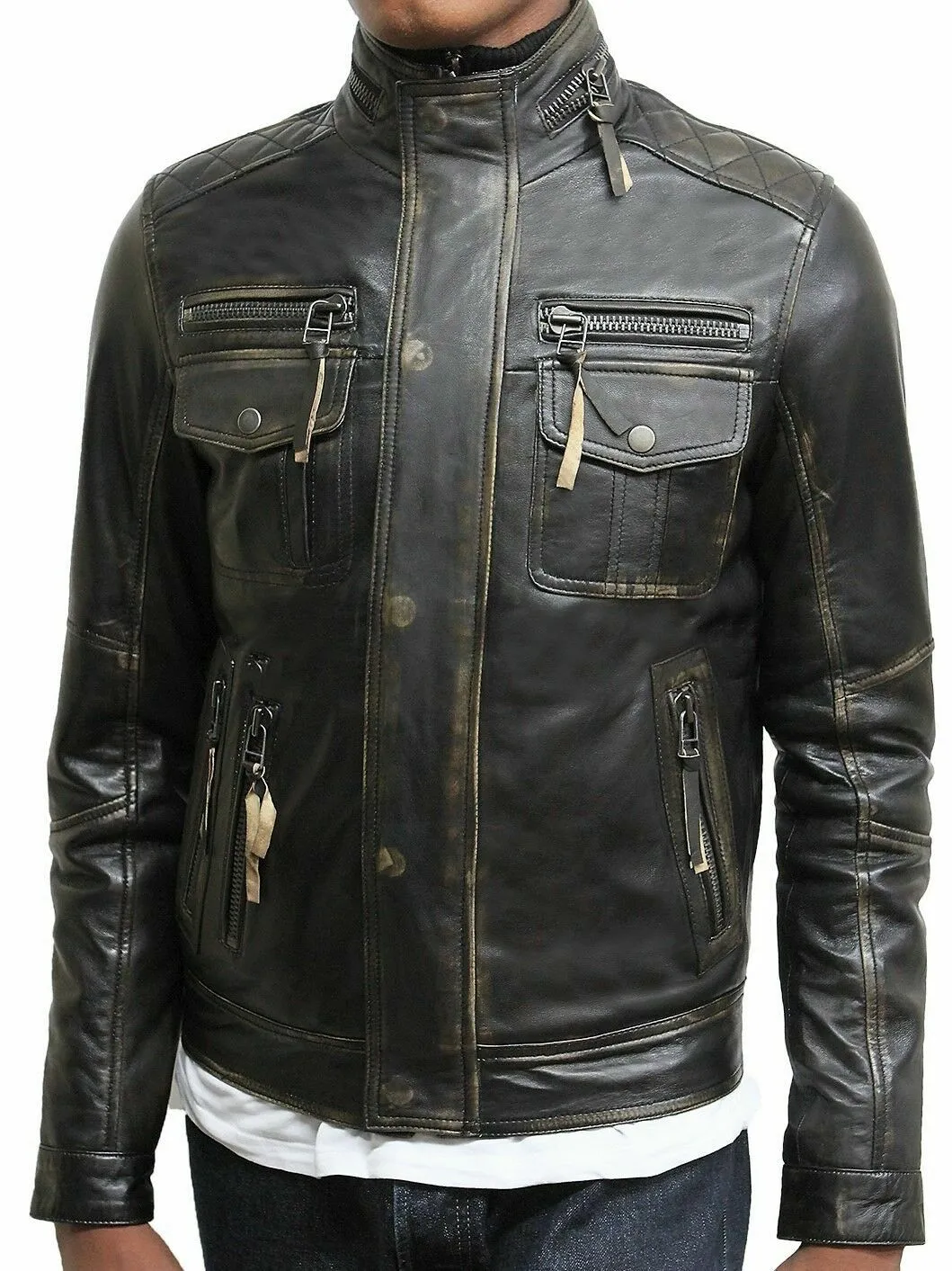 Motorcycle Jacket Real Sheepskin Leather Jackets for Men Distressed Retro - Image 3