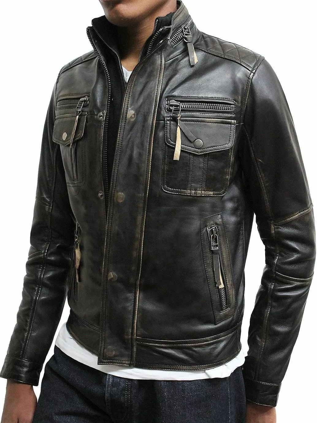 Motorcycle Jacket Real Sheepskin Leather Jackets for Men Distressed Retro - Image 4