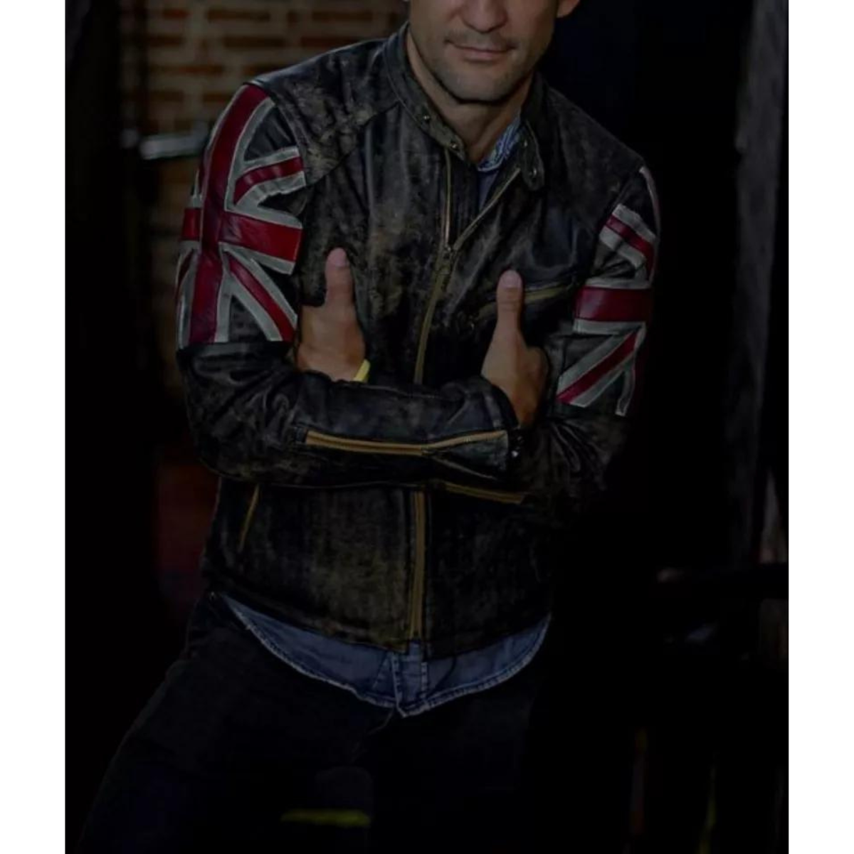 Motorcycle Vintage Racer Union Jack real Leather Distressed Jacket for Men