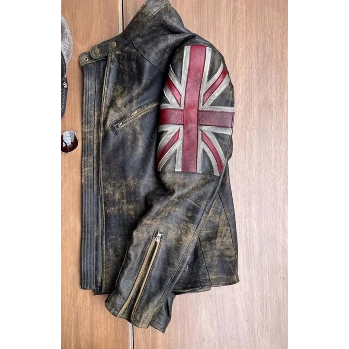 Motorcycle Vintage Racer Union Jack real Leather Distressed Jacket for Men - Image 2