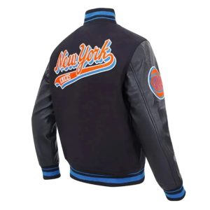NY Knicks Script Tail Varsity Black Wool Genuine Leather Sleeves Men's Jacket