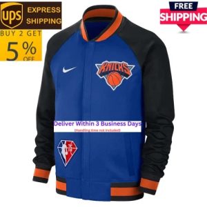NY Knicks Showtime Varsity Blue and Black Wool Men's Letterman Bomber Jacket