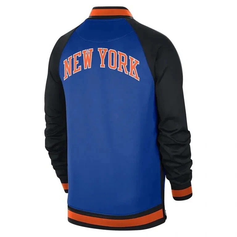 NY Knicks Showtime Varsity Blue and Black Wool Men's Letterman Bomber Jacket - Image 3