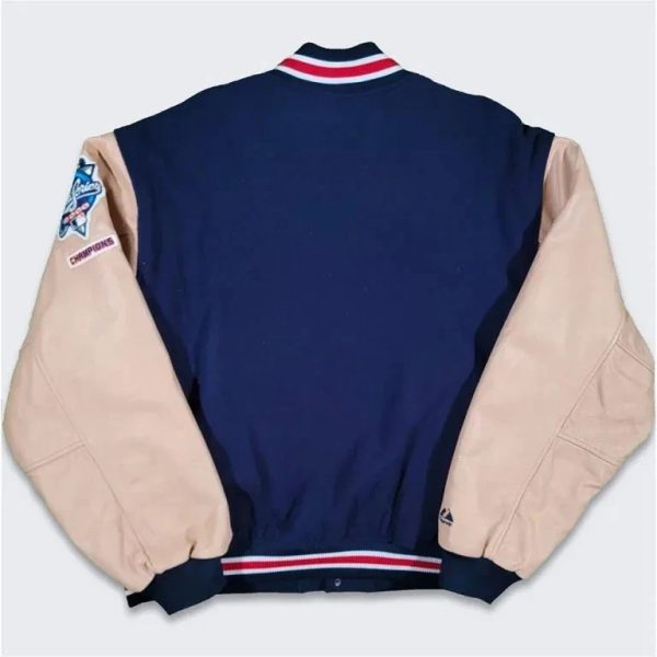 NY Yankees Y2K World Series Varsity Wool Genuine Leather Sleeves Bomber Jacket - Image 3