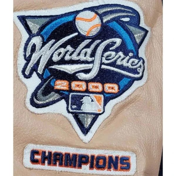 NY Yankees Y2K World Series Varsity Wool Genuine Leather Sleeves Bomber Jacket - Image 4