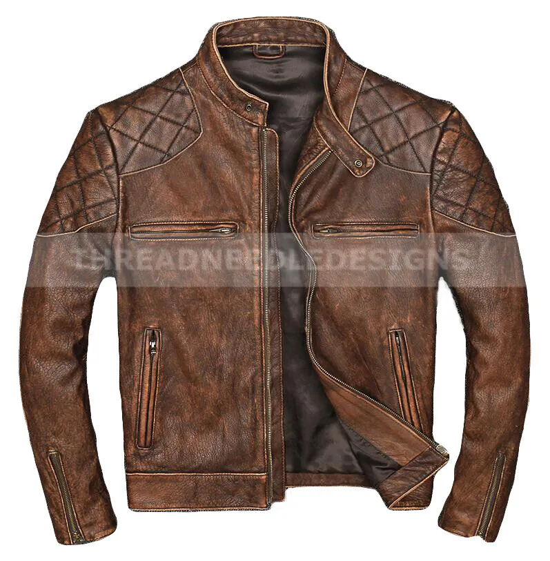 New Men's Classic British Style Quilted Designer Vintage Biker Leather Jacket