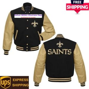 New Orleans Saints Wool Genuine Leather Sleeves Letterman Varsity Bomber Jacket