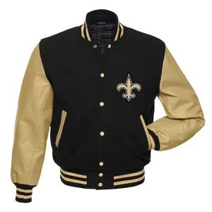 New Orleans Saints Wool Genuine Leather Sleeves Letterman Varsity Bomber Jacket