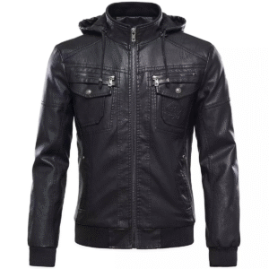 New Winter Men's Leather Hooded Fleece Coat Windbreaker