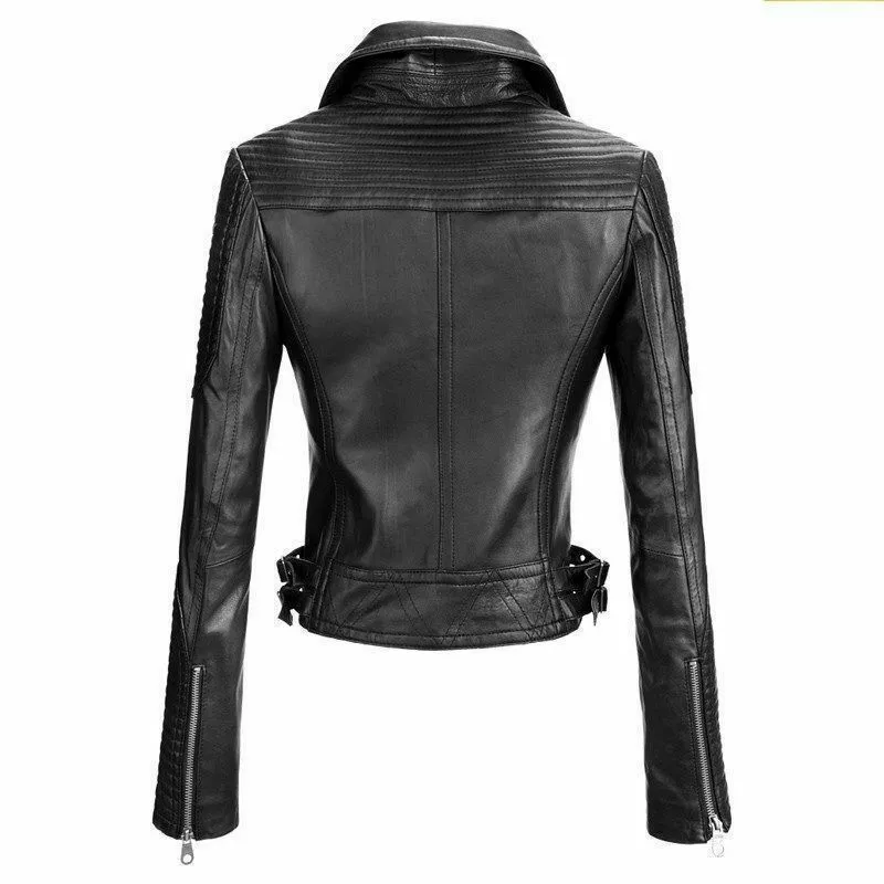 New Women's Genuine real Leather Jacket Biker Motorcycle Slim Fit Black - Image 2