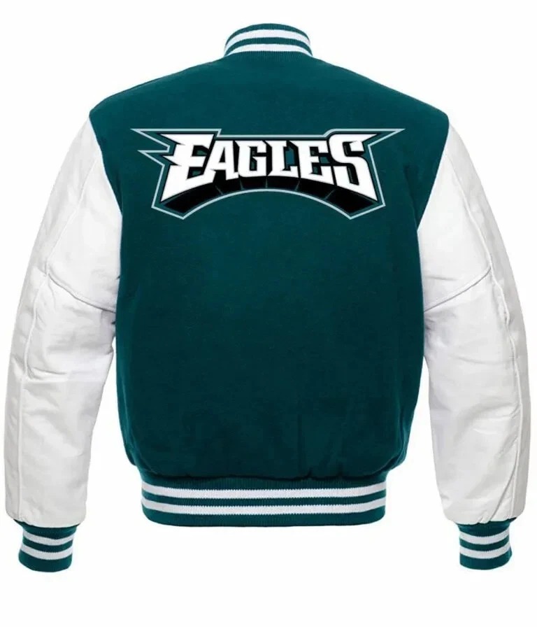 Philadelphia Eagles Green Wool and Leather Letterman Varsity Men's Bomber Jacket - Image 3