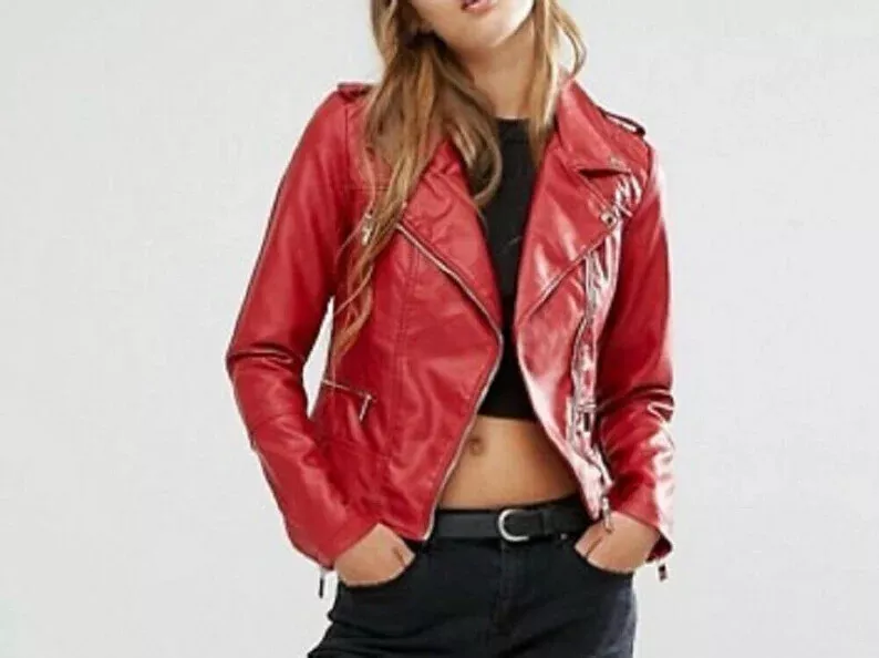RED Stylish Women's Leather Jacket Genuine real Handmade Casual Biker Wear - Image 3
