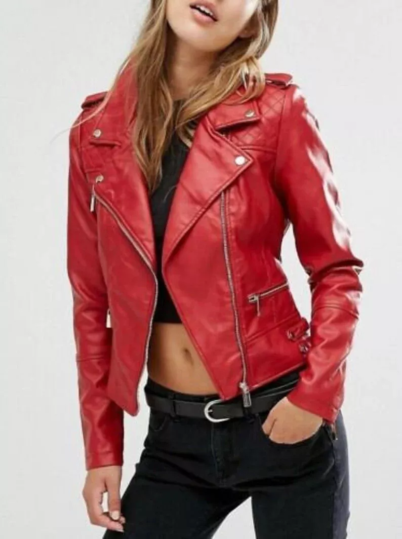 RED Stylish Women's Leather Jacket Genuine real Handmade Casual Biker Wear