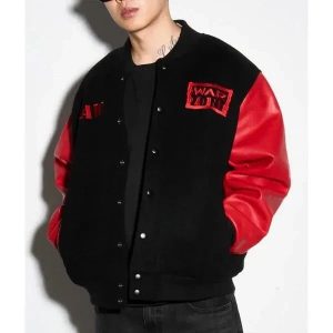 Raw is War Retro Black Wool Red Genuine Leather Varsity Women's Letterman Jacket