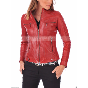 Red Women's real Soft Real Leather Jacket Motorcycle Slim fit Biker Jacket