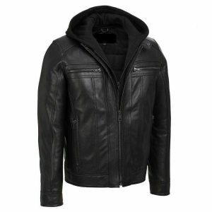 Removable Hood Men's Black Hooded Biker Jacket Real real Leather Jacket