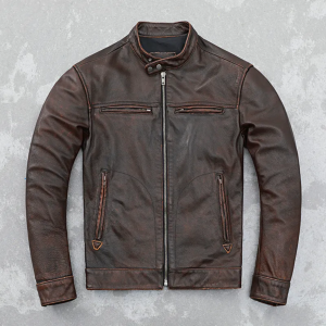 Retro Distressed Cowhide Leather Jacket Men's Real Leather | Motorcycle jacket
