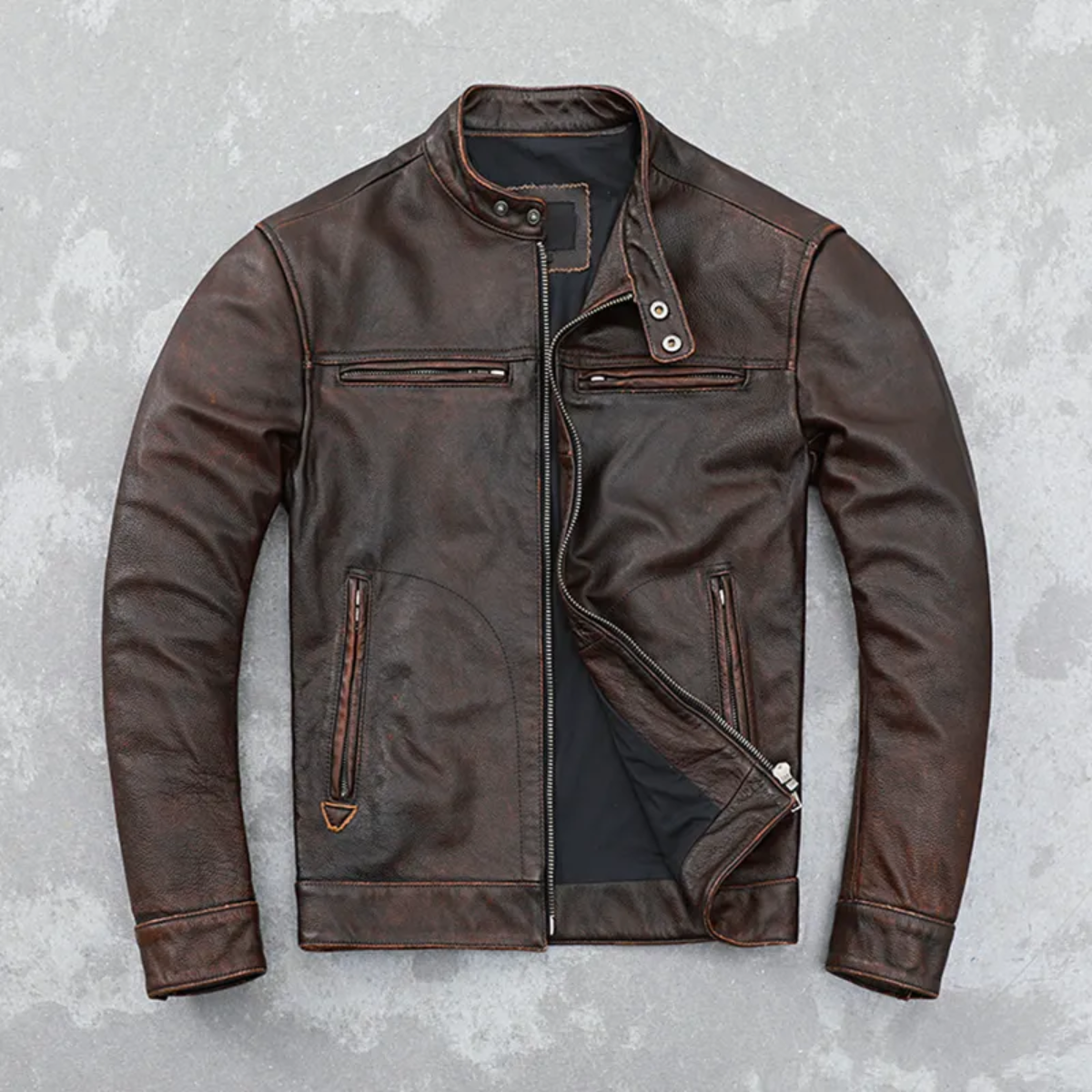 Retro Distressed Cowhide Leather Jacket Men's Real Leather | Motorcycle jacket - Image 4