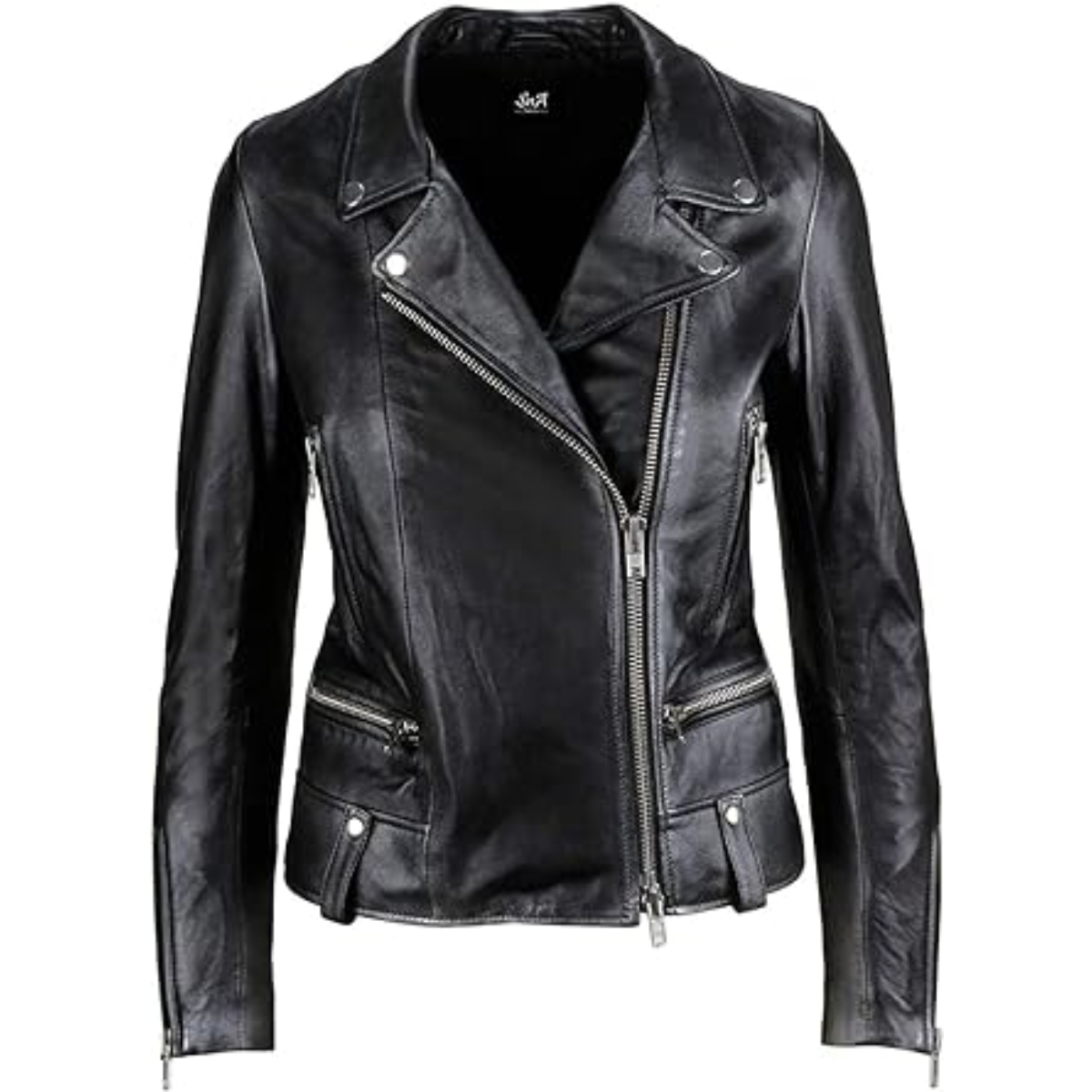 SNA Collection Bragadio Womens Black Vintage Motorcycle Biker Real Leather Jacket