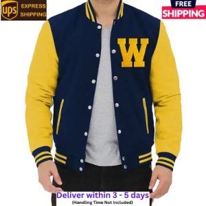 Scream Woodsboro Navy Blue Wool & Yellow Leather Letterman Women_s Varsity Jacket