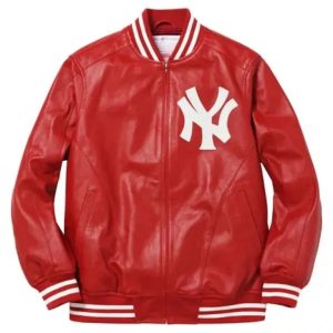 Supreme NY New York Yankees Full-Zip Varsity Red Genuine Leather Women's Jacket