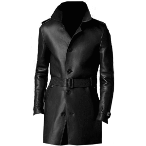 Teltino Men Genuine Long Trench Coat Leather Jacket Adjustable Belt