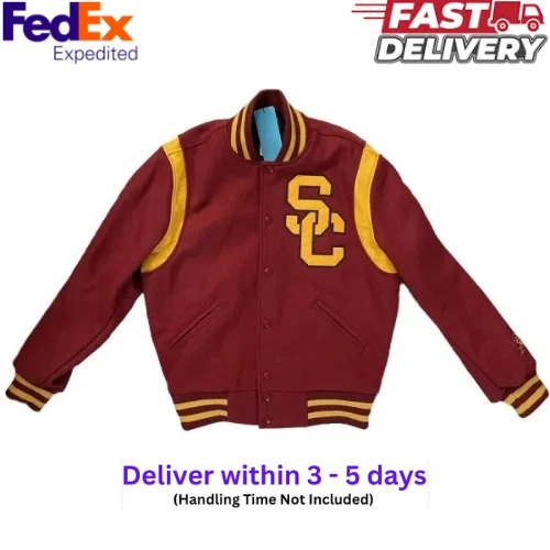USC Trojans Student Burgundy Wool Full-Snap Letterman Men Varsity Bomber Jacket - Image 5